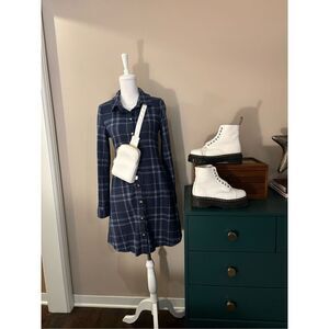 Gilli Women's Blue Gray Daisy Cozy Plaid Long Sleeve Shirt Dress Size Small NWT